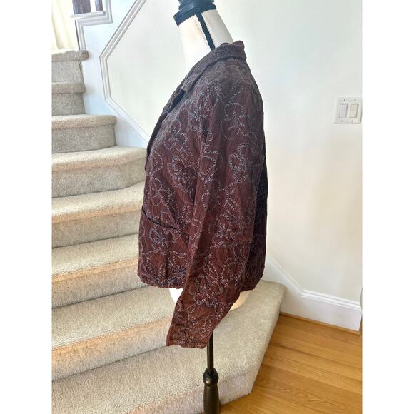 FLAX Brown Corduroy & Blue Floral Embroidery Button Up Jacket - Picture 3 of 6